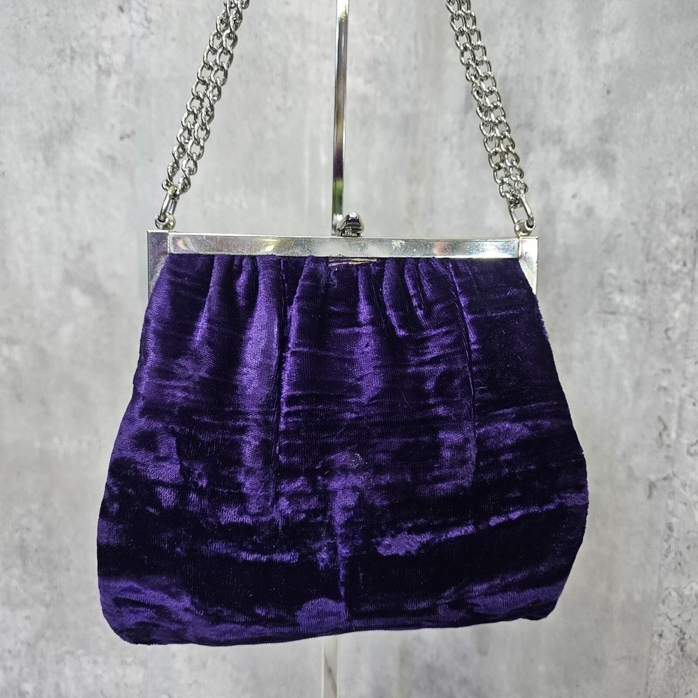 Vintage Purple Velvet Evening Bag Silver Frame Chain Strap Kiss Lock Purse - Picture 4 of 16